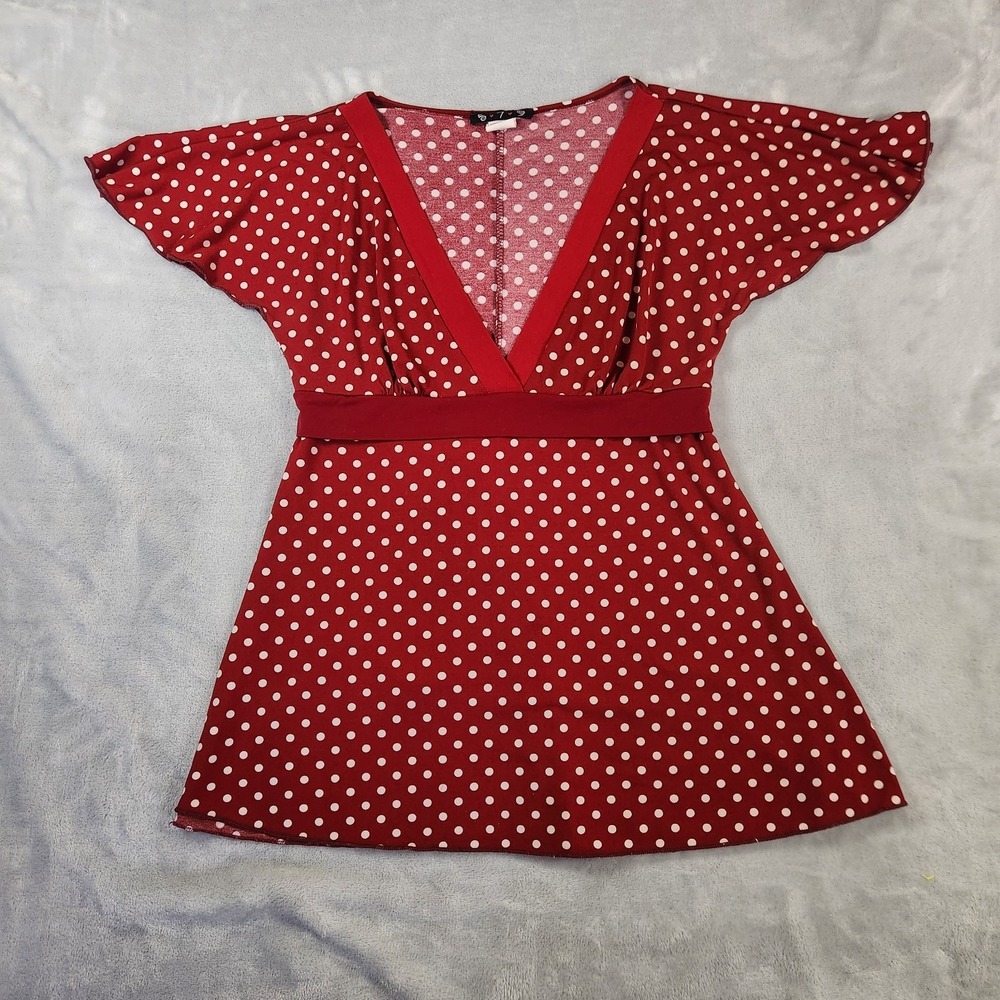 Vintage Womens M 90s Babydoll Deep V-neck Red Polka Dot Whimsical Tie Back Y2K